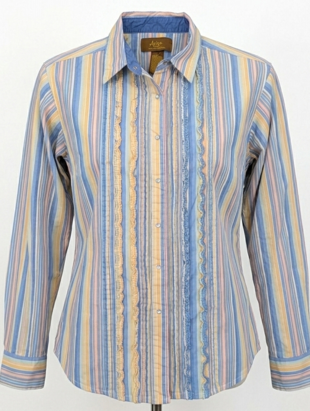 Aura Blue Yellow Western Snap Button Down With Ruffles Cotton Women's Shirt Sz L